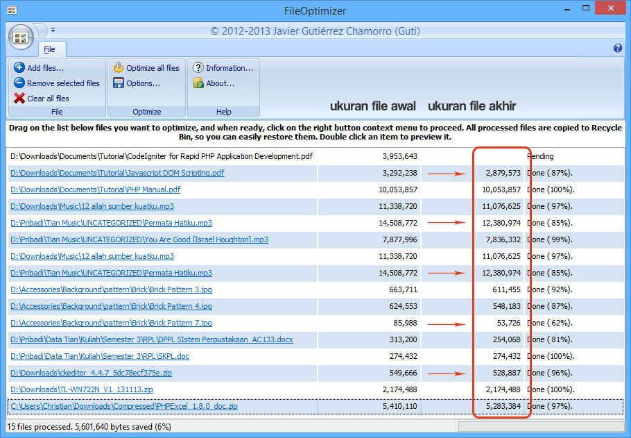 Hasil Penggunaan FileOptimizer