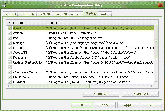 Tampilan Startup Item di MsConfig